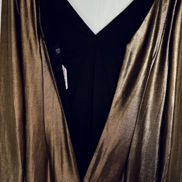Marchesa Notte Bronze Gold Metallic Foiled Lamé Long-Sleeve Cocktail Dress - Picture 10 of 10